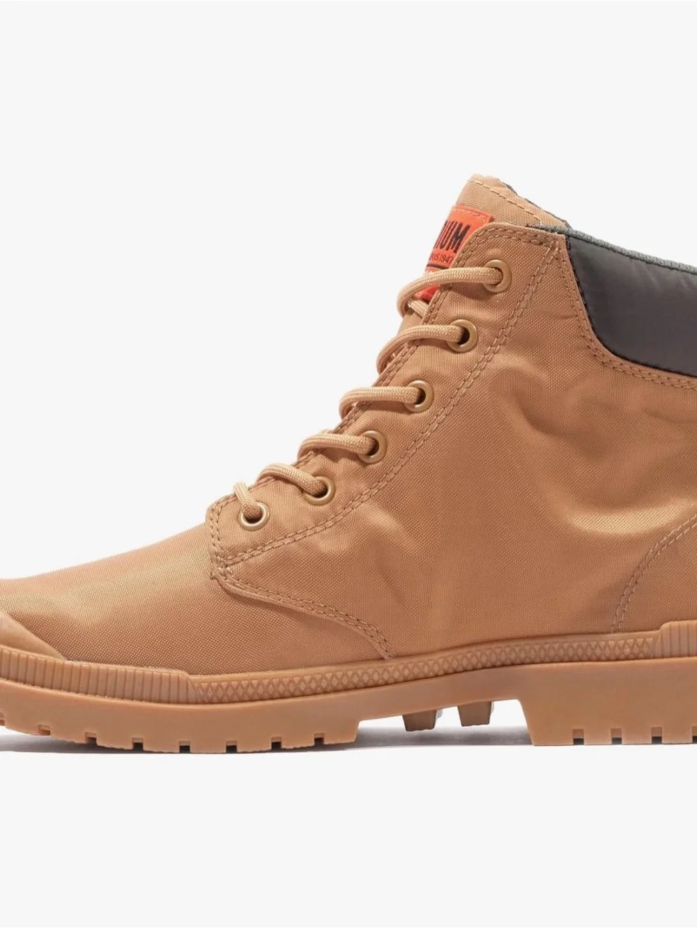 Palladium Men’s Tan Canvas Waterproof Lace-Up Boot with Orange Tag
